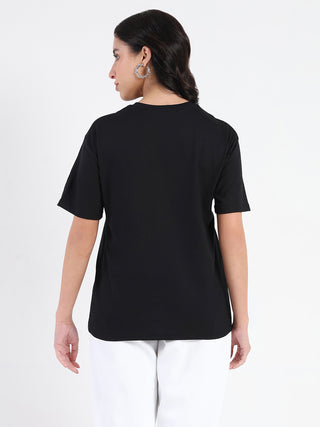 Madame Swarovski Detailed Graphic Print Black Cotton T-shirt