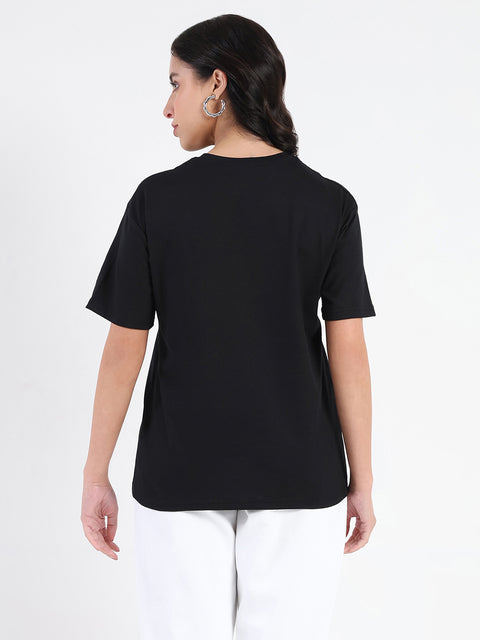 Madame Swarovski Detailed Graphic Print Black Cotton T-shirt