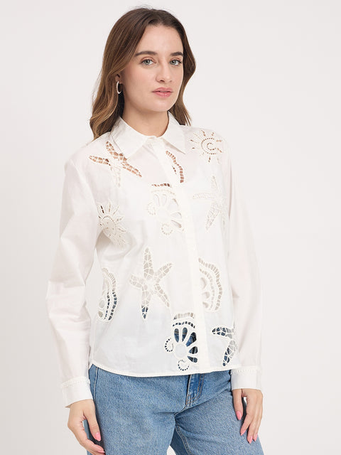 Madame White Cutwork Cotton Full Sleeve Shirt
