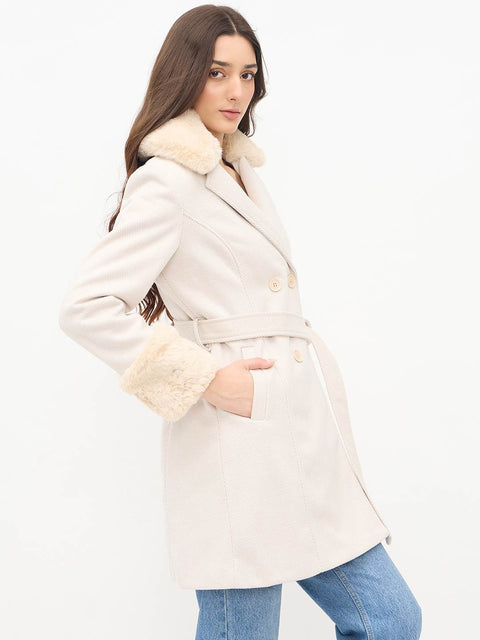 Madame Notch Lapel Neckline Belted Beige Long Coat