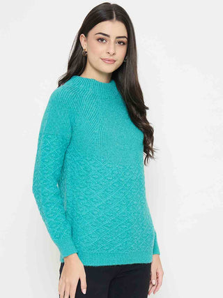 Madame Textured Mock Neck Peacock Green Acrylic Sweater