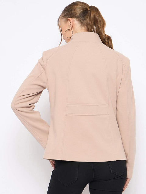 Madame Textured High Neck Beige Short Coat