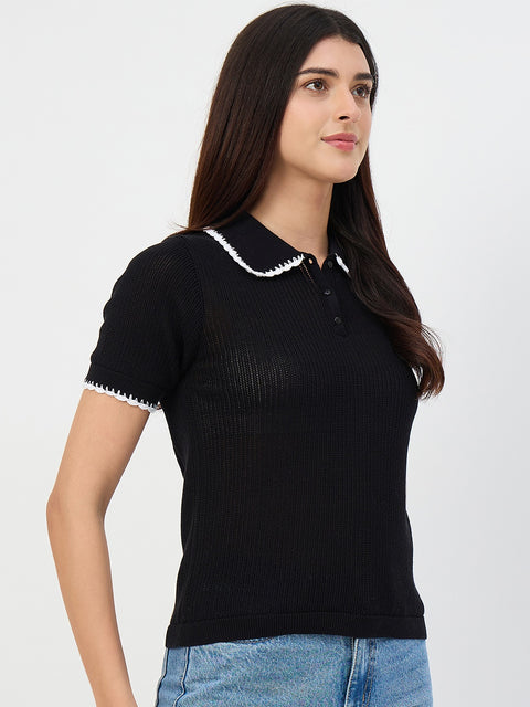 Madame Black Contrast Trim Cotton Polo T-Shirt