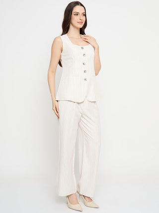 Madame Striped Top and Straight Bottoms Off White Co-ord Set