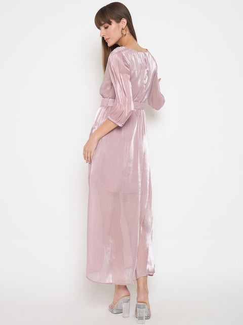 Madame Wrinkled Lurex Self Design Belted Pink Maxi Dress