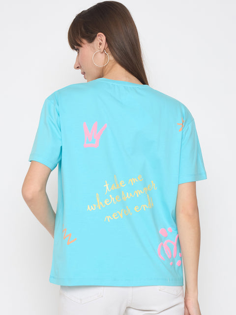 Madame Handwork and Embroidery Detail Aqua Blue T-shirt