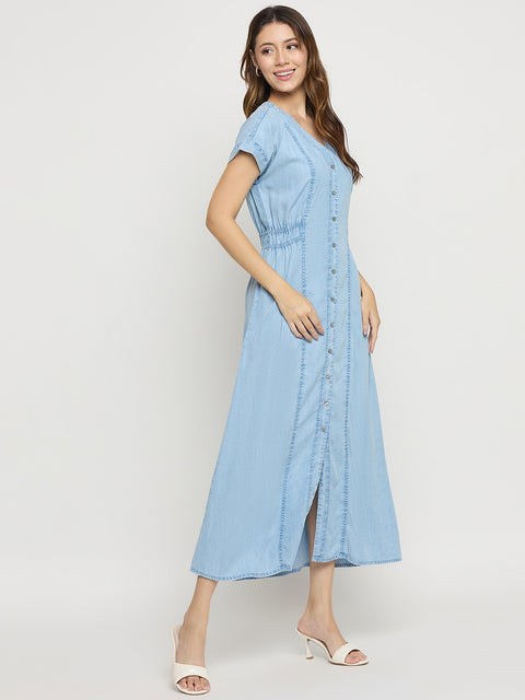 Madame Ice Blue Tencel V-Neck Short Sleeve A-Line Midi Dress