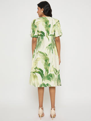 Madame Botanical Print Lace Insertion Off White Midi Dress