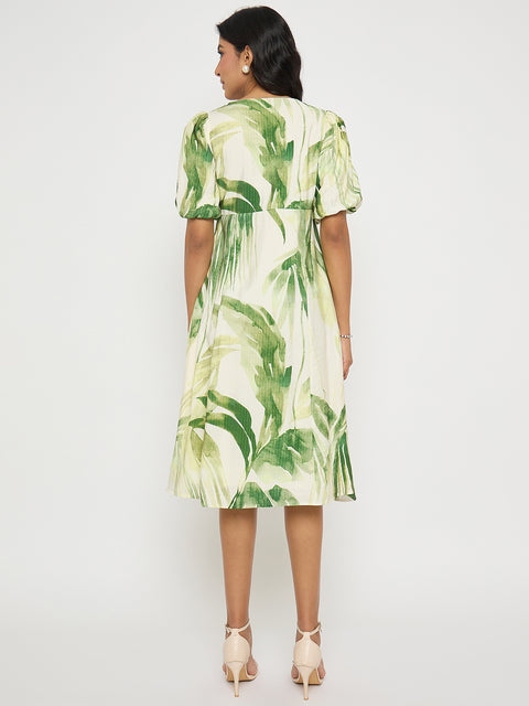 Madame Botanical Print Lace Insertion Off White Midi Dress