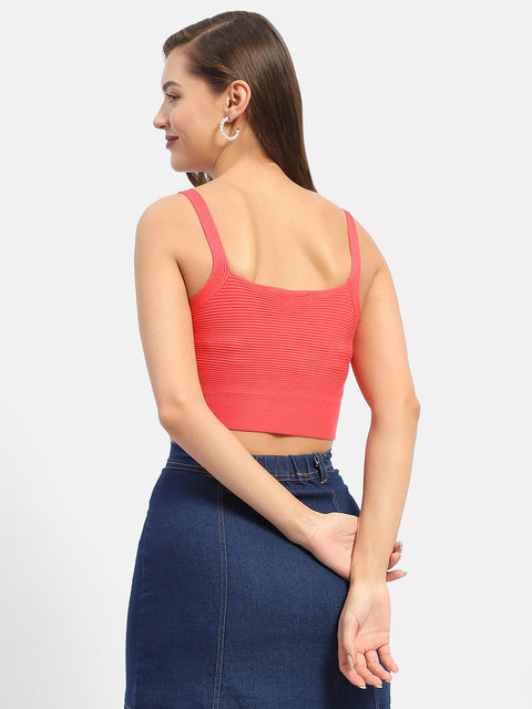 Madame V-Neck Coral Ribbed Crop Top