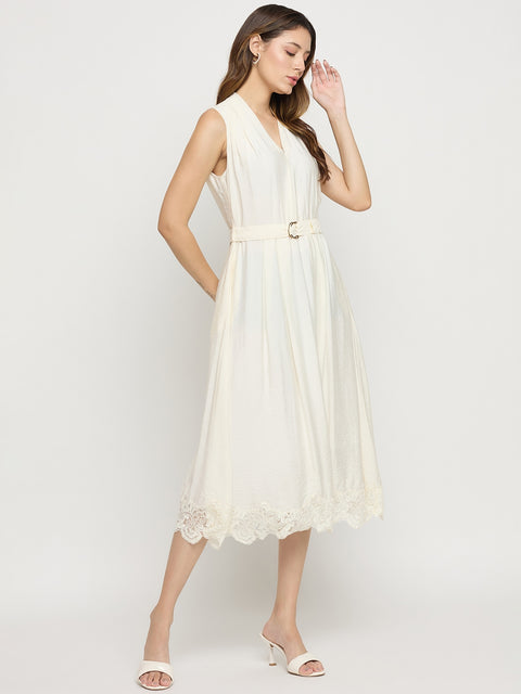Madame Off White Viscose Mandarin Collar Midi Dress