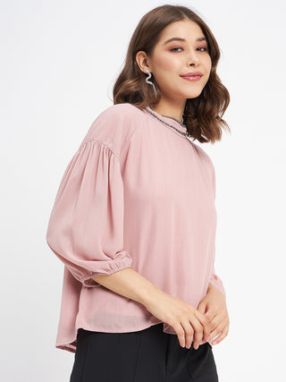 Madame Embellished Neckline Turtle Neck Solid Pink Top