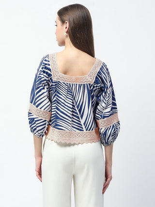 Madame Botanical Print Cotton Blend Navy Blue Top