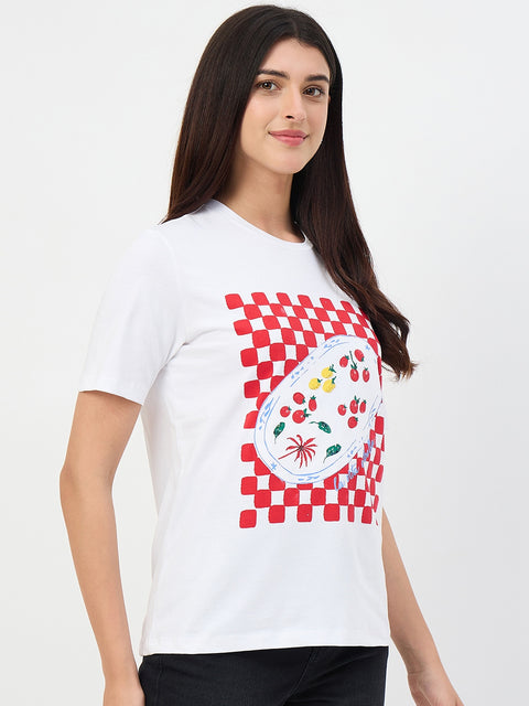 Madame White Printed Crew Neck Cotton T-Shirt