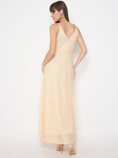 Madame Golden Buckled Strap Self Design Beige Maxi Dress