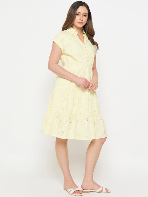 Madame Butter Yellow Printed Cotton Tiered Dress