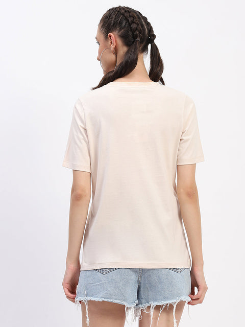 Madame Graphic Printed Crew Neck Cotton Beige T-shirt