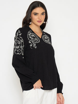 Madame Embroidered Black Viscose Blend Top