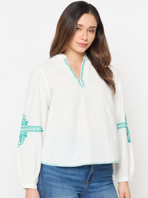 Madame Cotton Blend Balloon Sleeve White Top