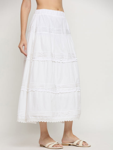 Madame White Cotton Lace Detail Flared Cropped Skirt