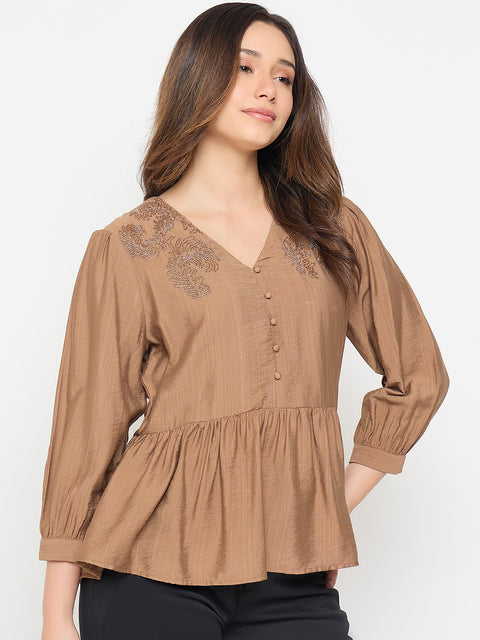 Madame Brown Embroidered Buttoned Peplum Top