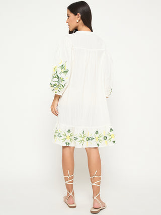 Madame Floral Embroidered Fit and Flare White Mini Dress