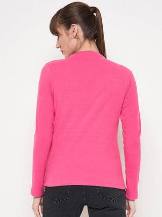 Madame Funnel Neck Full Sleeve Seam Detailed Solid Pink Knitted Top