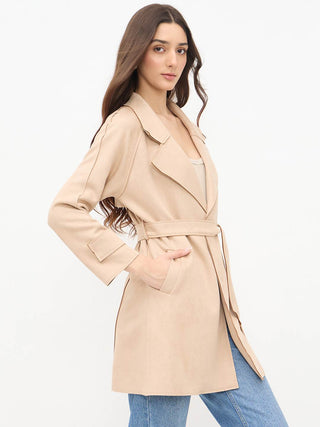 Madame Beige Trench Coat with Lapel Notch Neckline and Belt