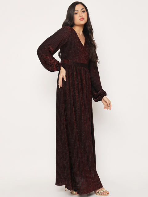 Madame Cinched Waist Fit and Flare Maroon Maxi Dress