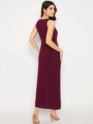 Madame Shanaya Kapoor Shimmery Gathered Detail Bodycon Wine Maxi Dress