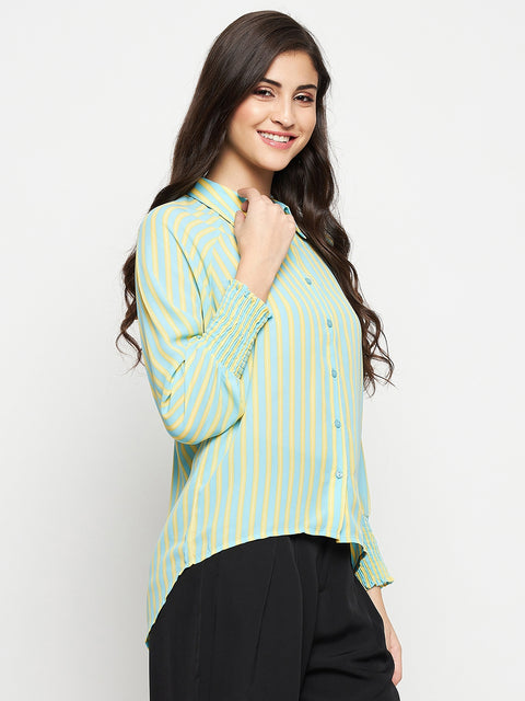 Madame Striped Smocked Cuffs Aqua Blue Shirt