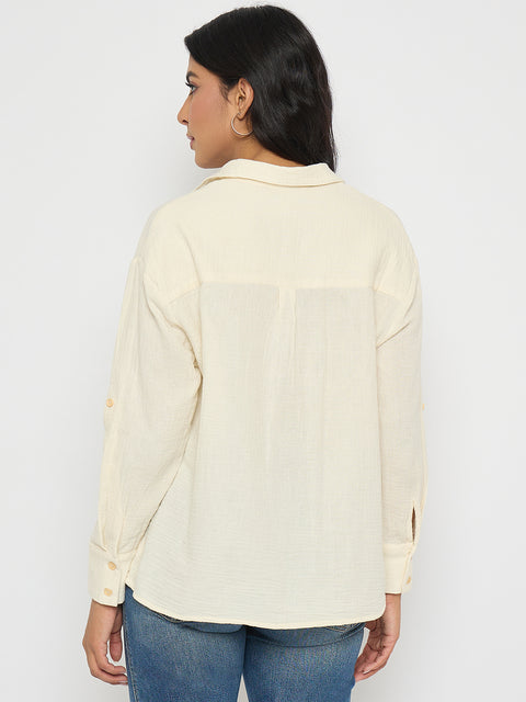 Madame Solid Off- White Cotton Shirt