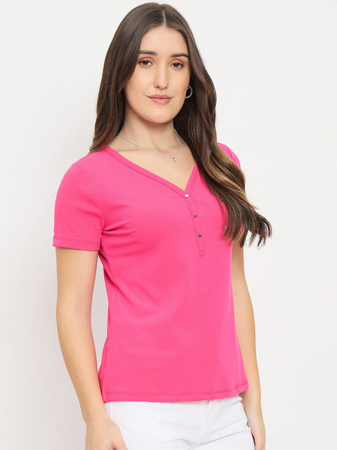 Madame Hot Pink V-Neck T-Shirt with Button Placket