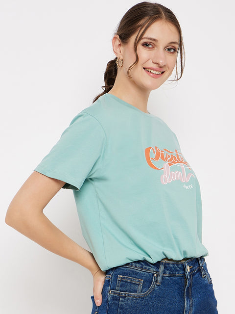Madame Crew Neck Green Printed T-Shirt