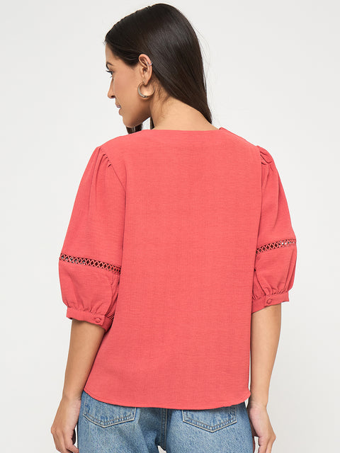 Madame Lace Detailed V-Neck Solid Red Knit Top