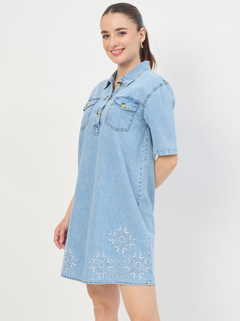 Madame Light Blue Cotton Tencel Embroidered Shirt Dress