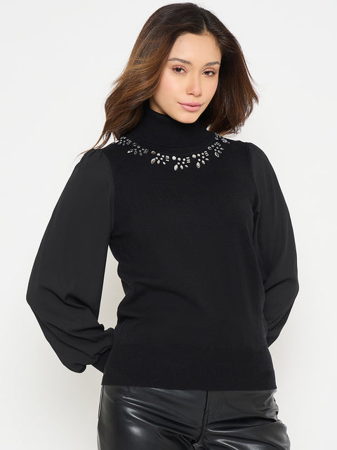 Madame Embroidered Solid Sweater with High Neck and Puff Sleeves