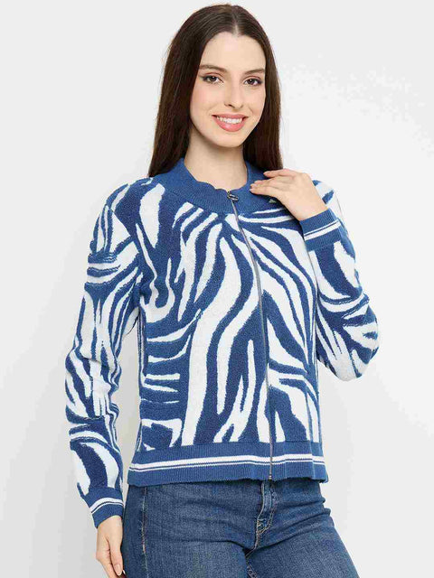 Madame Animal Print Zip Blue Sweater