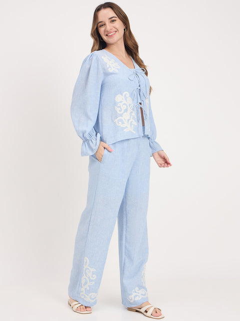 Madame Blue Embroidered Frill Co-ord Set