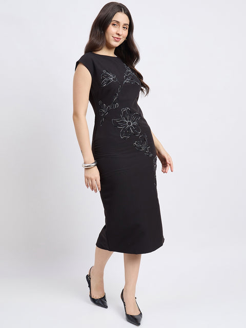 Madame Embroidered Black Bodycon Dress