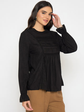 Madame Ruched Detail Black Viscose Top