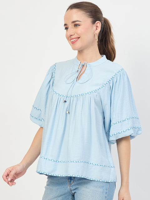 Madame Blue Aura Rayon Ruffle Top with Embroidery Trim