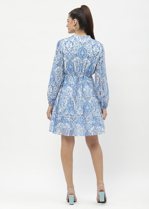 Madame Tiered Lace Detailed Blue Mini Dress