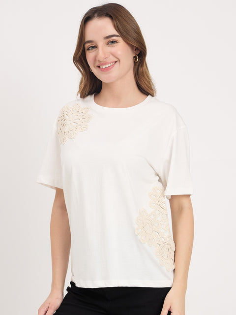 Madame Off White Embroidered Cotton Round Neck T-Shirt