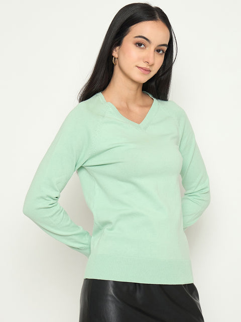 Madame V Neck Solid Green Sweater