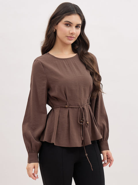 Madame Brown Cinched Waist Rayon Blend Top