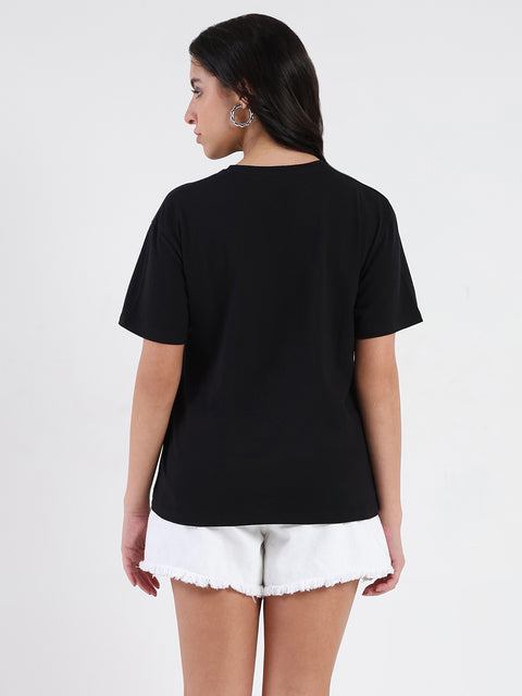 Madame Swarovski and Print Sticker Black Cotton T-shirt