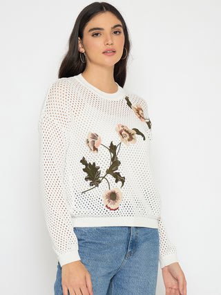 Madame Embroidered Semi Sheer Off White Knitted Top