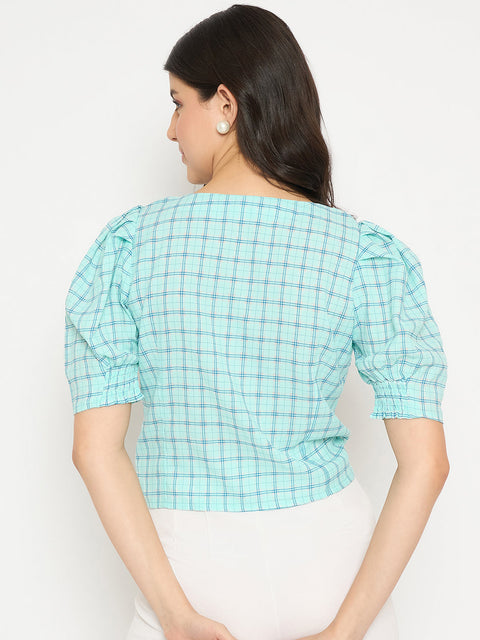 Madame Chequered Knotted Front Mint Green Crop Top