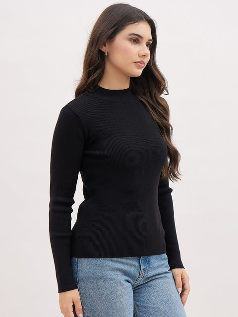 Madame Black Viscose Blend Full-Sleeve Basic Top